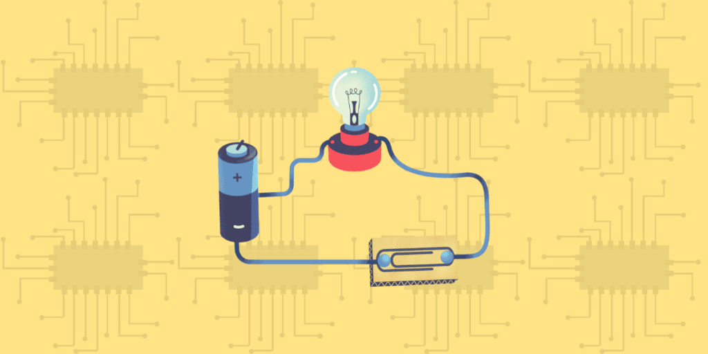 simple circuit consisting of a battery, a light bulb and a makeshift switch made out of a paperclip